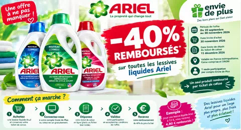 Ariel offre de remboursement : Profitez de -40 % remboursés sur les lessives liquides