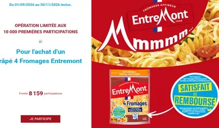 Entremont Offre de Remboursement Satisfait ou Remboursé Pour l'achat d'un râpé 4 Fromages Entremont